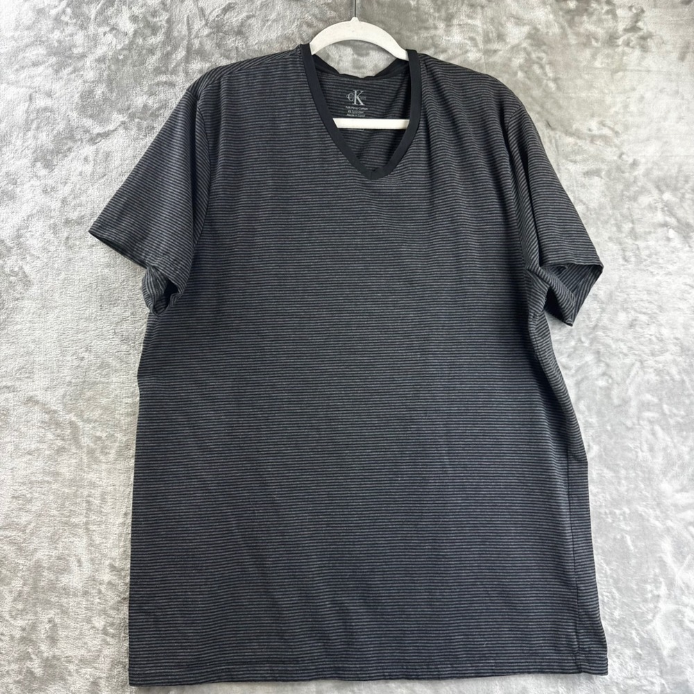 Calvin Klein T-Shirt Men XXL Black Striped V-Neck Slim Fit Pima Cotton (1759)